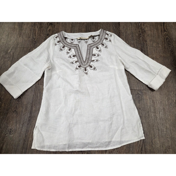 Ecologie Shirt Ivory Linen Button Popover Notch V Embroidered Brown Blouse Small - Picture 1 of 4